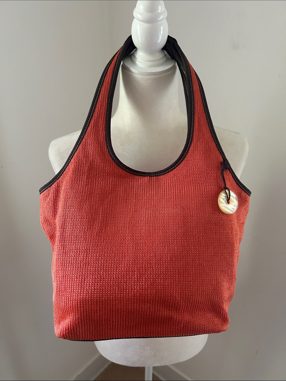The SAK Orange Knit Tote Bag with Brown   Nylon Trim